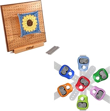 Olikraft 8-Inch Crochet Blocking Board with 50 Pins and 7-Pack Digital Row Counters - Red Oak Wood Blocking Tool and Compact Stitch Tracking Accessories