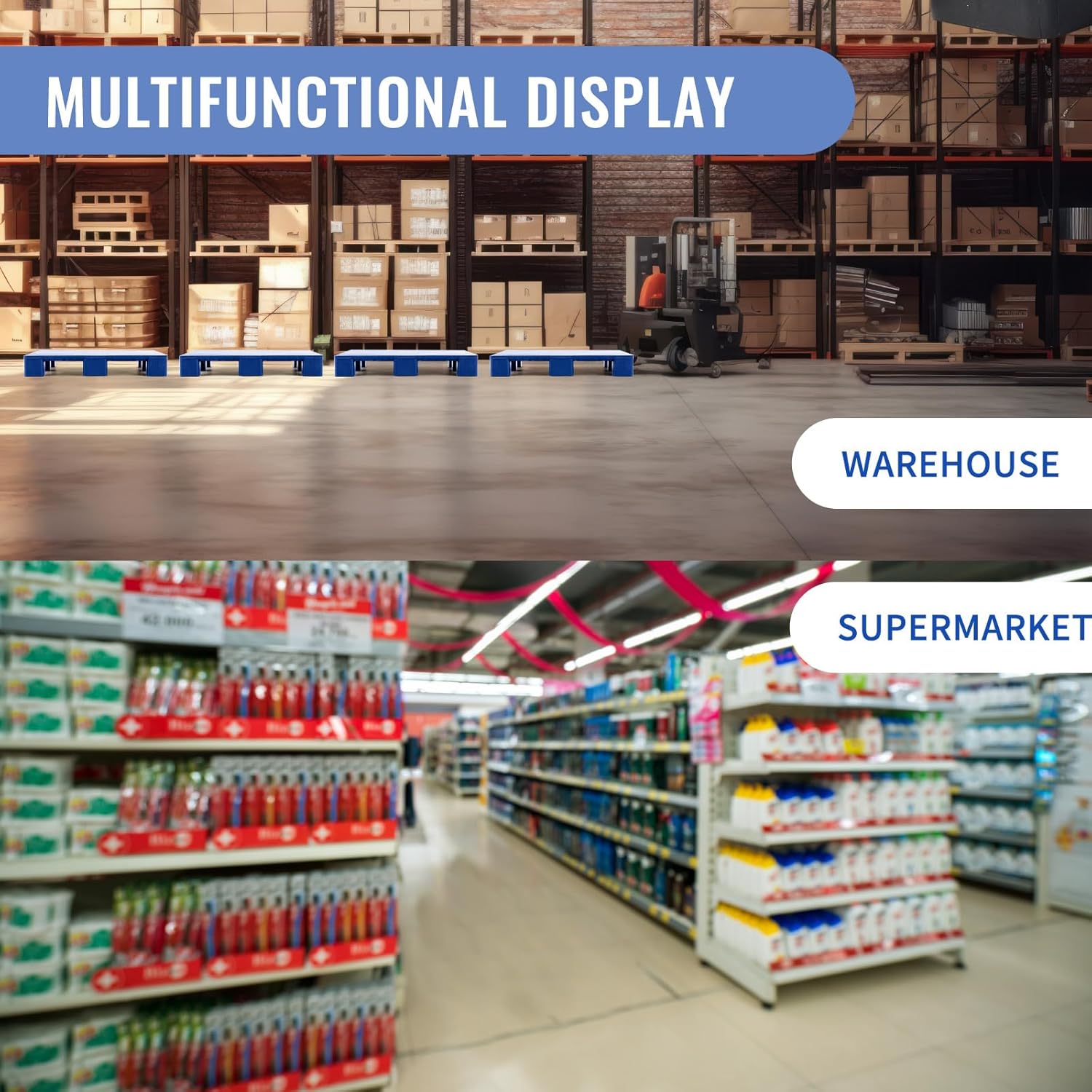 1 Pcs Plastic Pallet for Basement Storage Easy Stack Lightweight Floor Pallet Display Flooring Room Supermarket Christmas, Support up to 2000 Lbs (31.5'' L X 24'' W X 4.7'' H,Dark Blue)