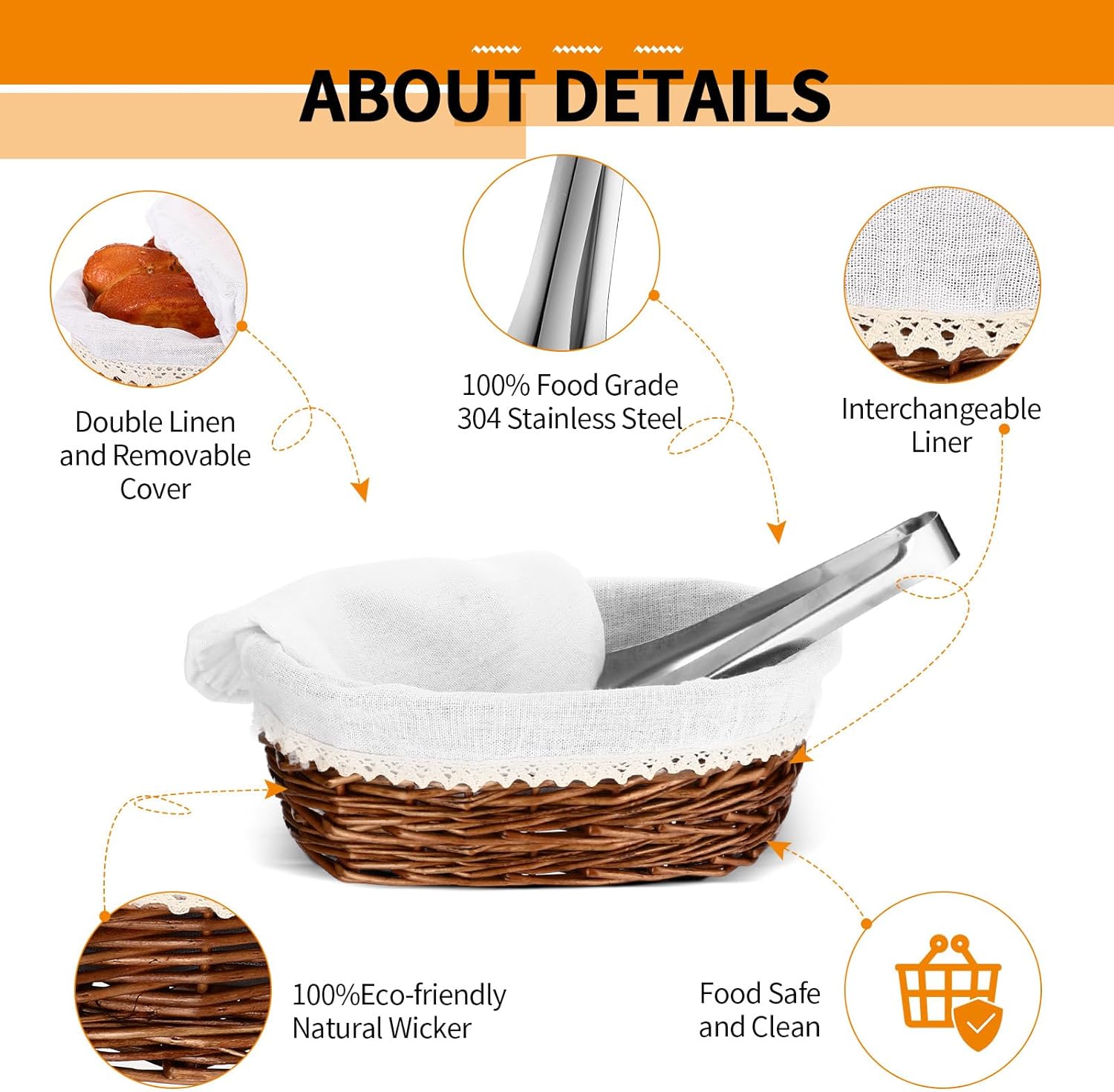 2 Set 11" 12" Easter Wicker Bread Basket for Serving Large Bread Serving Basket Woven with Cover Removable Liner Tong for Fruit Food Storage Picnic(Coffee with White Liner Cover)