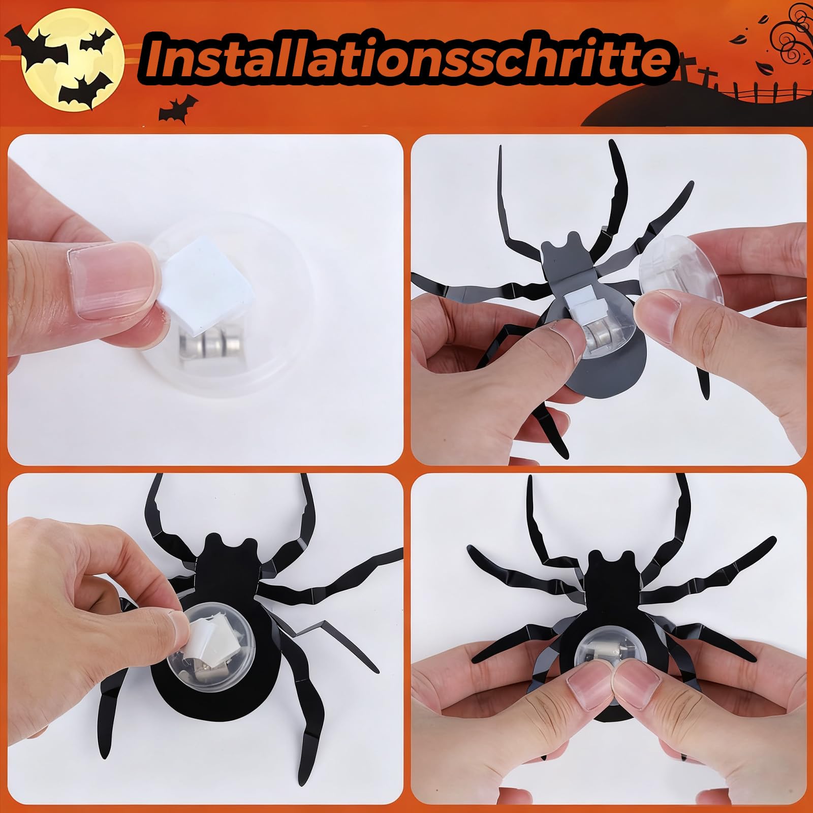 ALEGRE Dekoracja na Halloween, 10 sztuk, pająki 3D, dekoracja LED, świecące pająki, naklejki ścienne w 4 różnych rozmiarach, dekoracja LED na okno, drzwi, ścianę