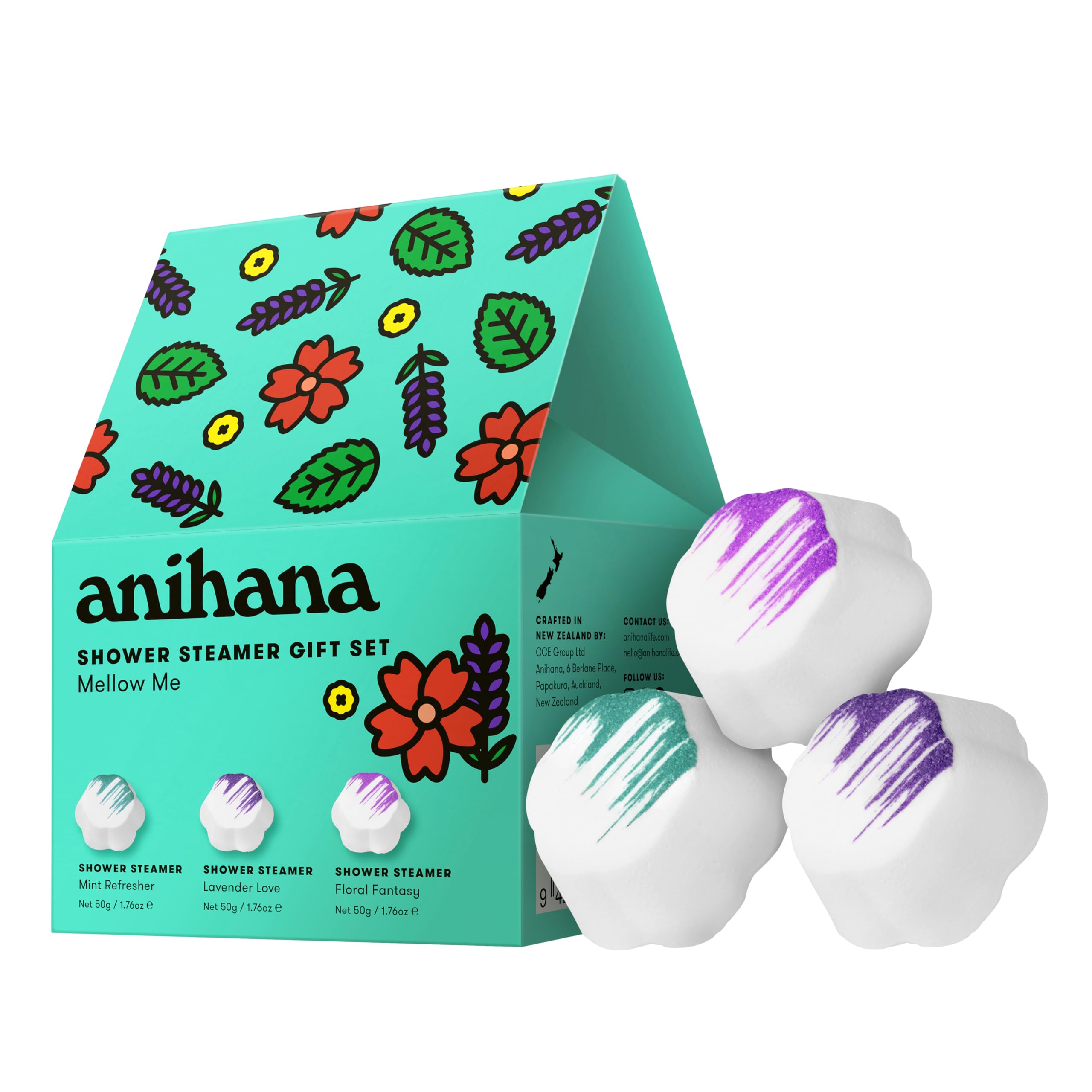 ANIHANA Shower Steamers Mellow Me 3 Pack Gift Set with Essential Oils, Paraben Free, Mint Refresher, Lavender Love, Floral Fantasy, 1.76 oz Each