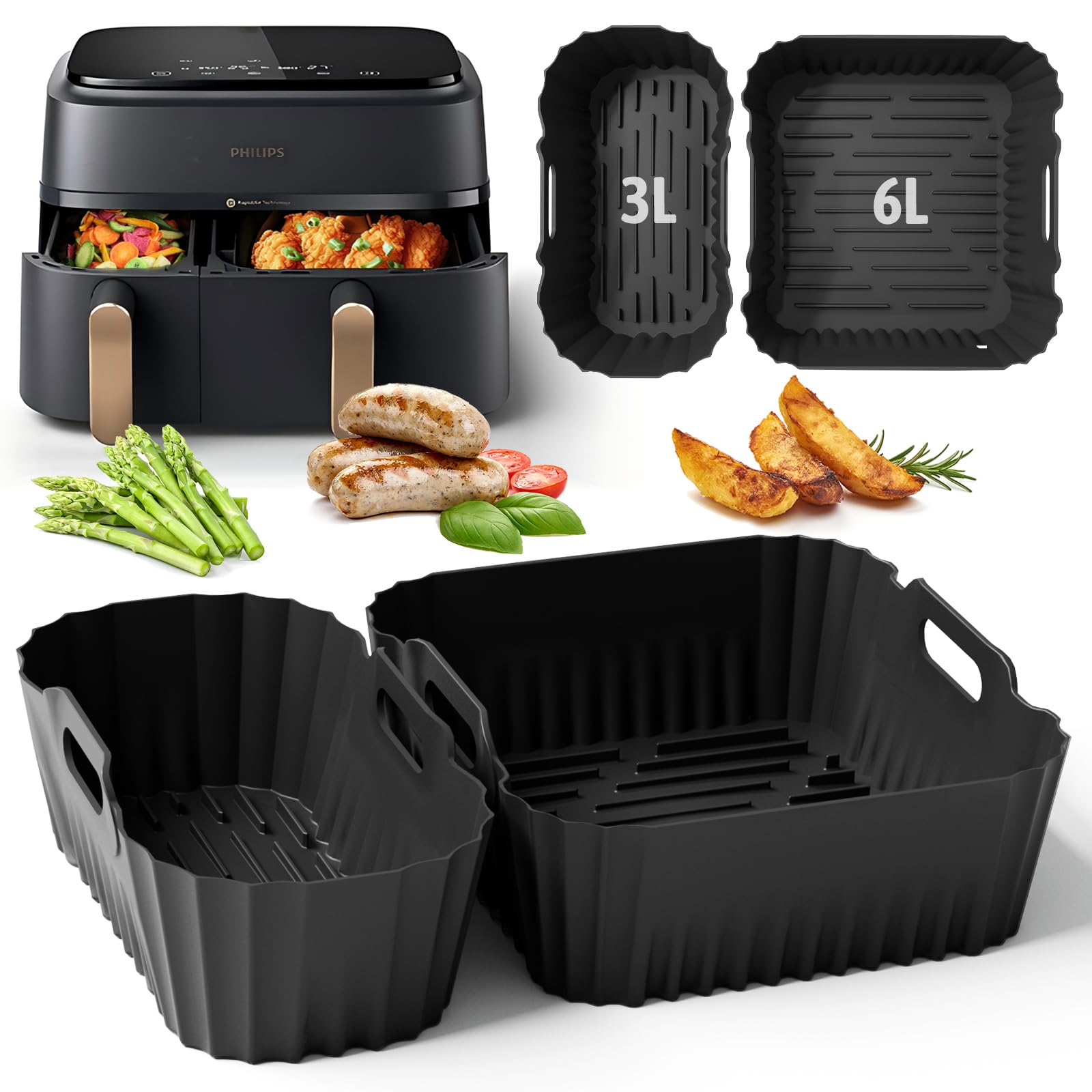 Silikonform Zubehör für Philips Airfryer Dual Basket 3000-5000 serie 9L | Silikonform Heißluftfritteuse Zubehör, Wiederverwendbare Auflaufform Einsatz, Für Philips Dual Basket Airfryer NA350/NA550 9L