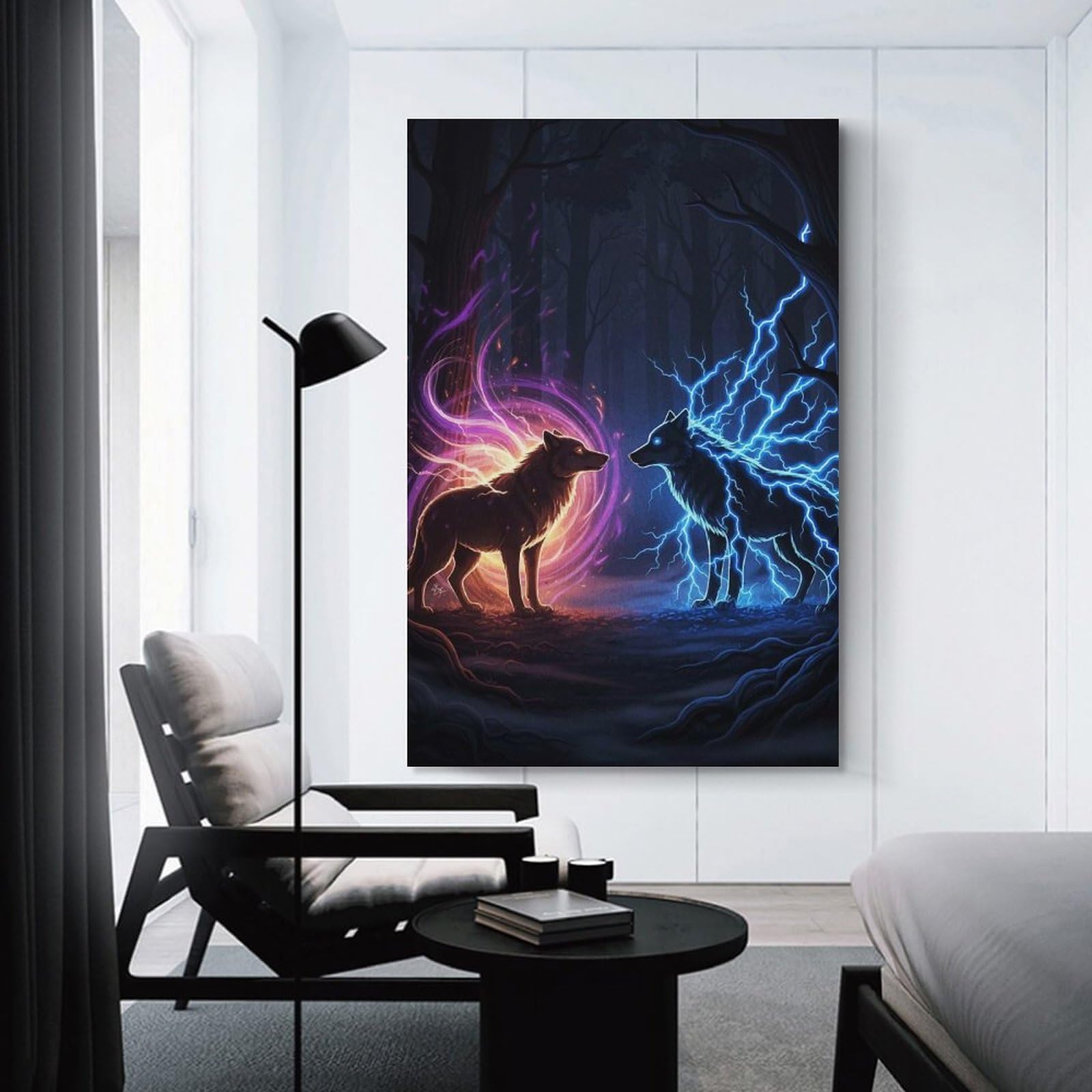 Junmoney Elemental Wolves in Dark Forest Canvas Art Print 24x36inch(60x90cm), for Gallery Wall Layouts in Home Or Office, Decorative Artwork with Flexible Styling