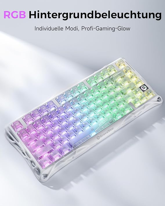 GravaStar Mercury K1 Lite 75% Gaming Keyboard Tri-Mode Wireless (2.4GHz/Bluetooth/Cable) Mechanical Hot Swap Gasket Keyboard Pre-Oiled Linear Switch RGB Lighting QWERTY - Crystal Aurora
