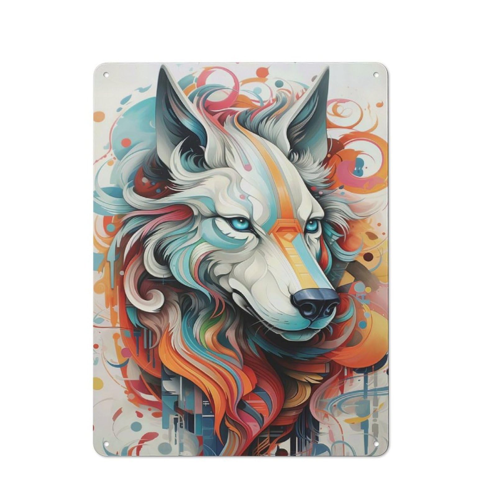 Junmoney Colorful Abstract Wolf Portrait Vintage Metal Plaque 40X30cm For Kitchen Or Home Bar, For Vintage Wall Decor Fans, For Garage And Workshop Walls