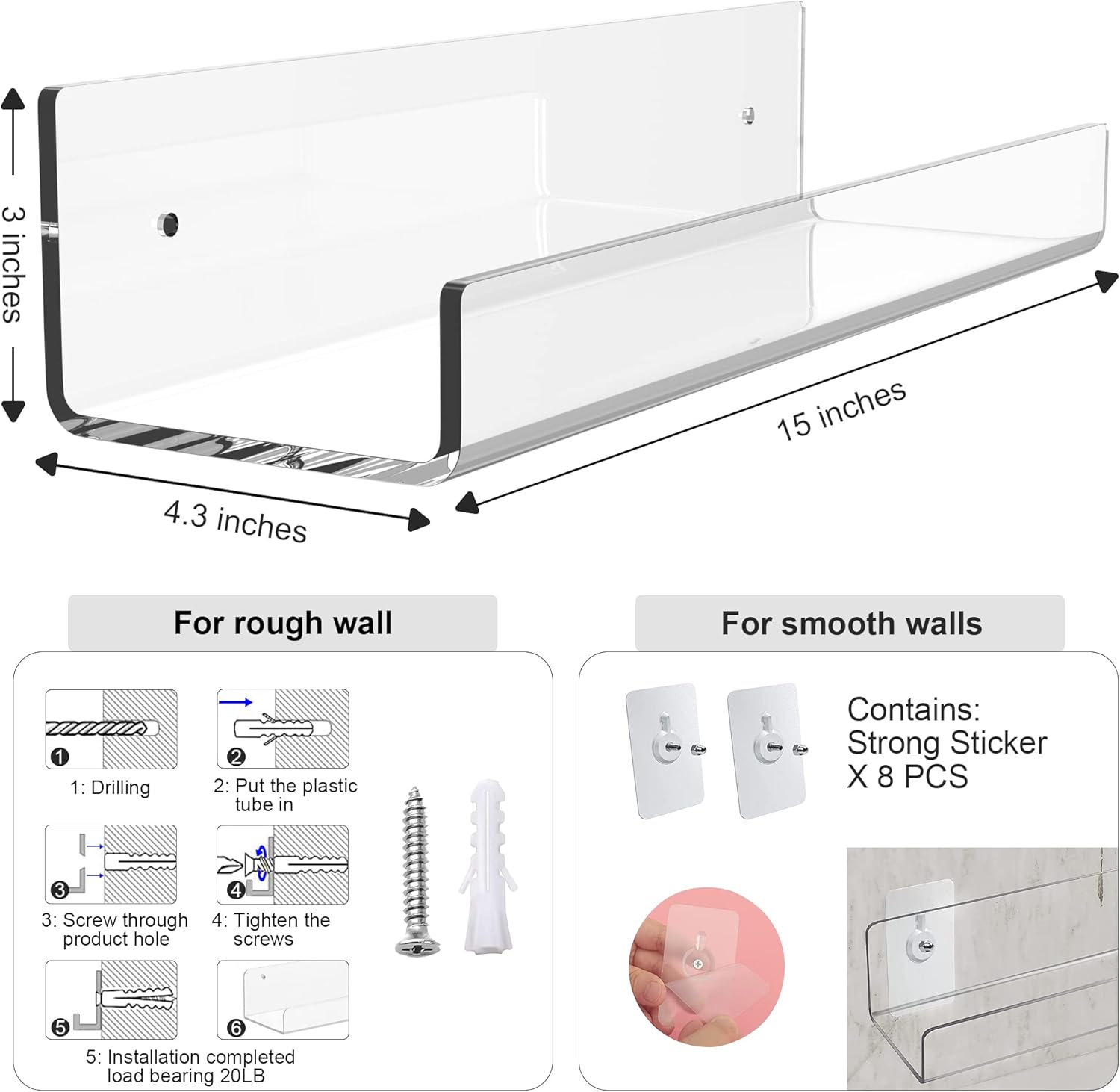 15 inch Clear Acrylic Floating Wall Ledge Shelf Display,6pcs Wall Mounted Nursery Kids Bookshelf Invisible Spice Rack, Bathroom Storage Shelves Display for Bedroom Office Toy Picture Ledge, 5MM Thick