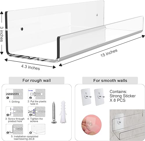 Miniatura 3 de Estante flotante de acrílico transparente de 15 pulgadas, 6 piezas montadas en la pared, estante invisible para especias, estantes de almacenamiento