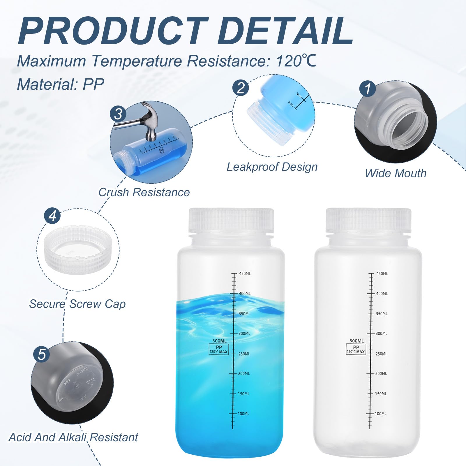 PATIKIL 20 Pezzi Bottiglie Modello In Plastica Con Tappo A Vite, 17 Oz 500ml Bottiglia Reagente A Bocca Larga Contenitori Modello PP Trasparenti Con Coperchio Per Laboratorio Acqua