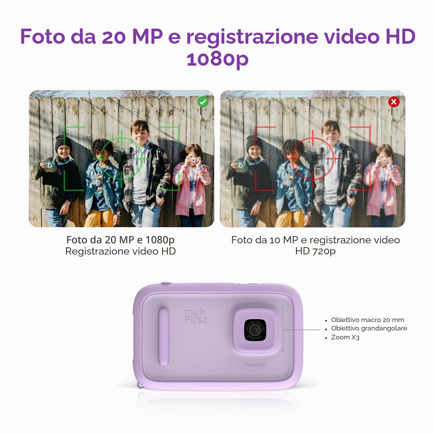 myFirst Camera 50, Fotocamera Digitale per Bambini con AI, Selfie Light Bar, Video & Foto Editing, WiFi, Diario Segreto, Controllo Genitori, Sicurezza e Privacy, Lilla