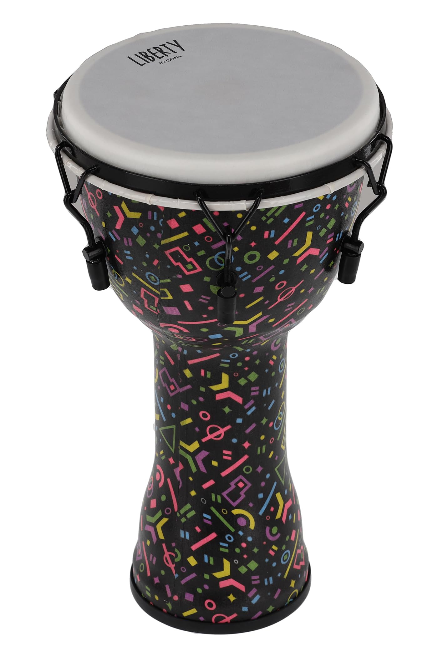 GEWA Liberty Djembé - afinación: Mecánico (con tensores) - Diámetro: 10" (25,4 cm) - Altura: 19,5" (49 cm) - Número de ganchos de afinación: 6 - Patrón: Crazy Neon