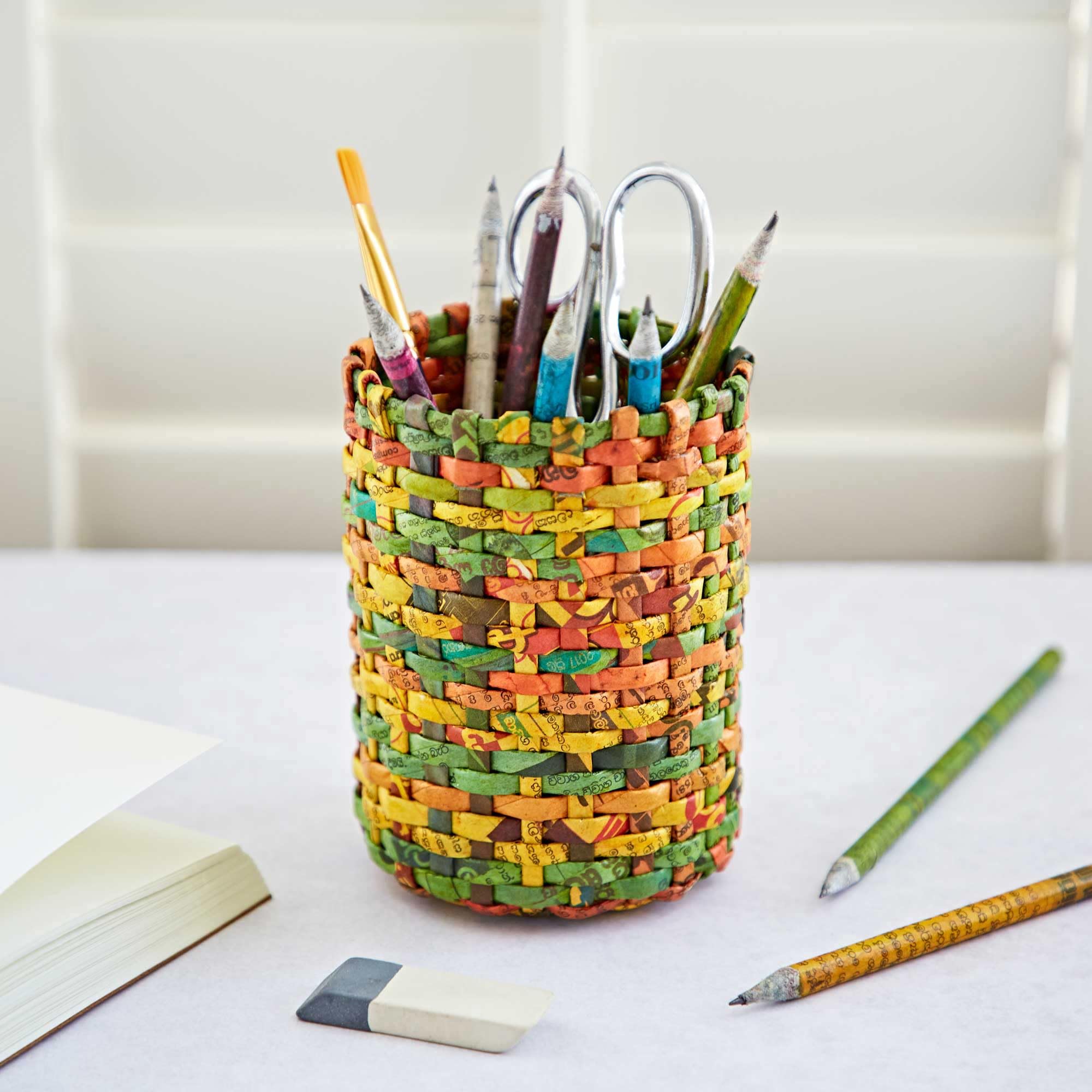 Paper High Recycled Newspaper Pencil Holder | Square or Round | Sustainable Pencil Pot | Handmade Colourful Pen Holder | Fair Trade Gifts for Men and Women (Round, Orange/Yellow/Green)