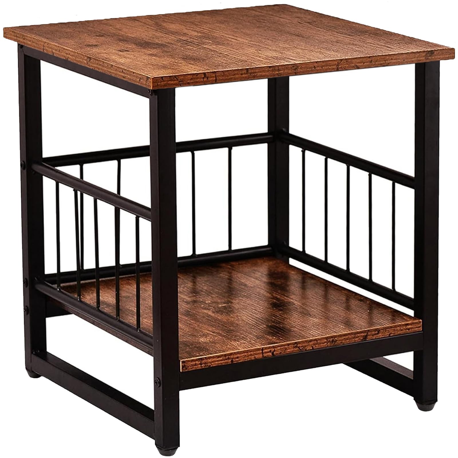 End Table Industrial Side Table with 2-Tire Storage Shelf 180LBS Mini Fridge Stand with Adjustable Feet 18x18 Wood