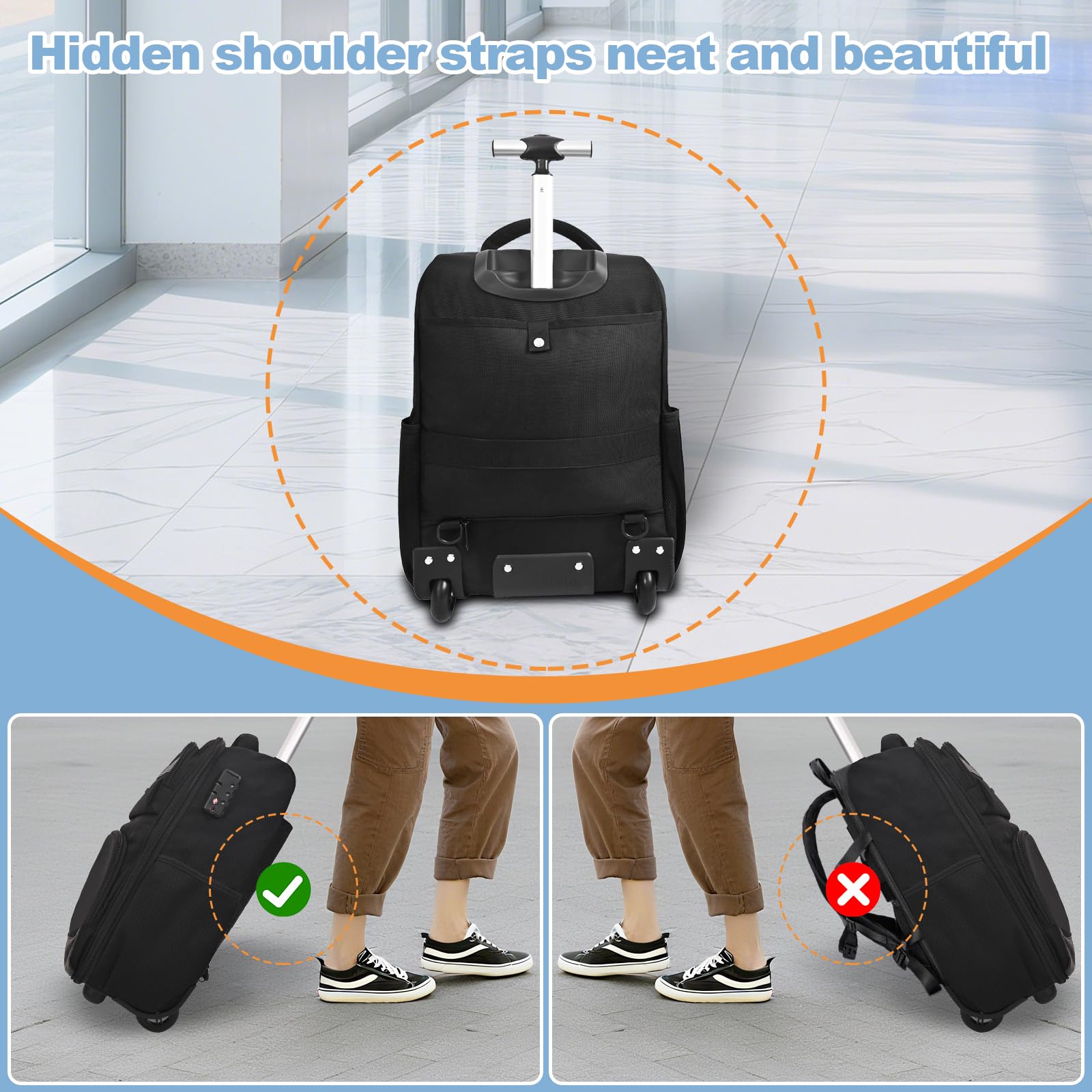 Hivexagon Passwortgeschützter Rollrucksack, 21 Zoll wasserdichter Laptop-Rollrucksack, Handgepäck-Businesstasche, große Kapazität, mehrlagiger Stauraum