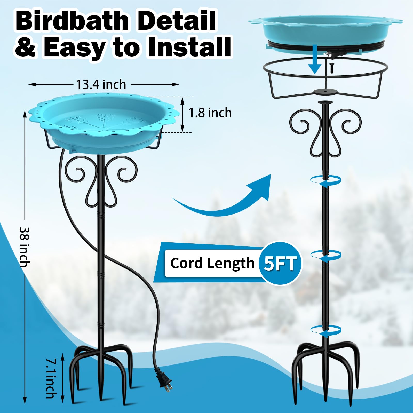 Beheizte Vogeltränke, leistungsstarke 100 W Thermostatsteuerung, beheizte Vogeltränke für den Außenbereich für den Winter mit 5-Zinken-Metallpfahl, beheizter Vogeltränken-Warmwasserbereiter für