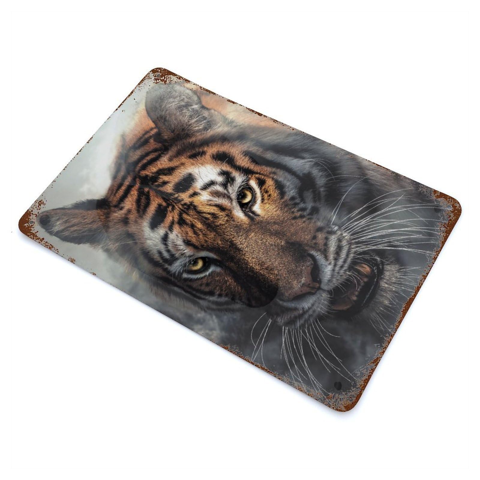 Rusty Metal Tin Sign Misty Tiger Portrait 11.8"x7.9", Industrial Home Decor for Patio, Garden Room And Bar Decor