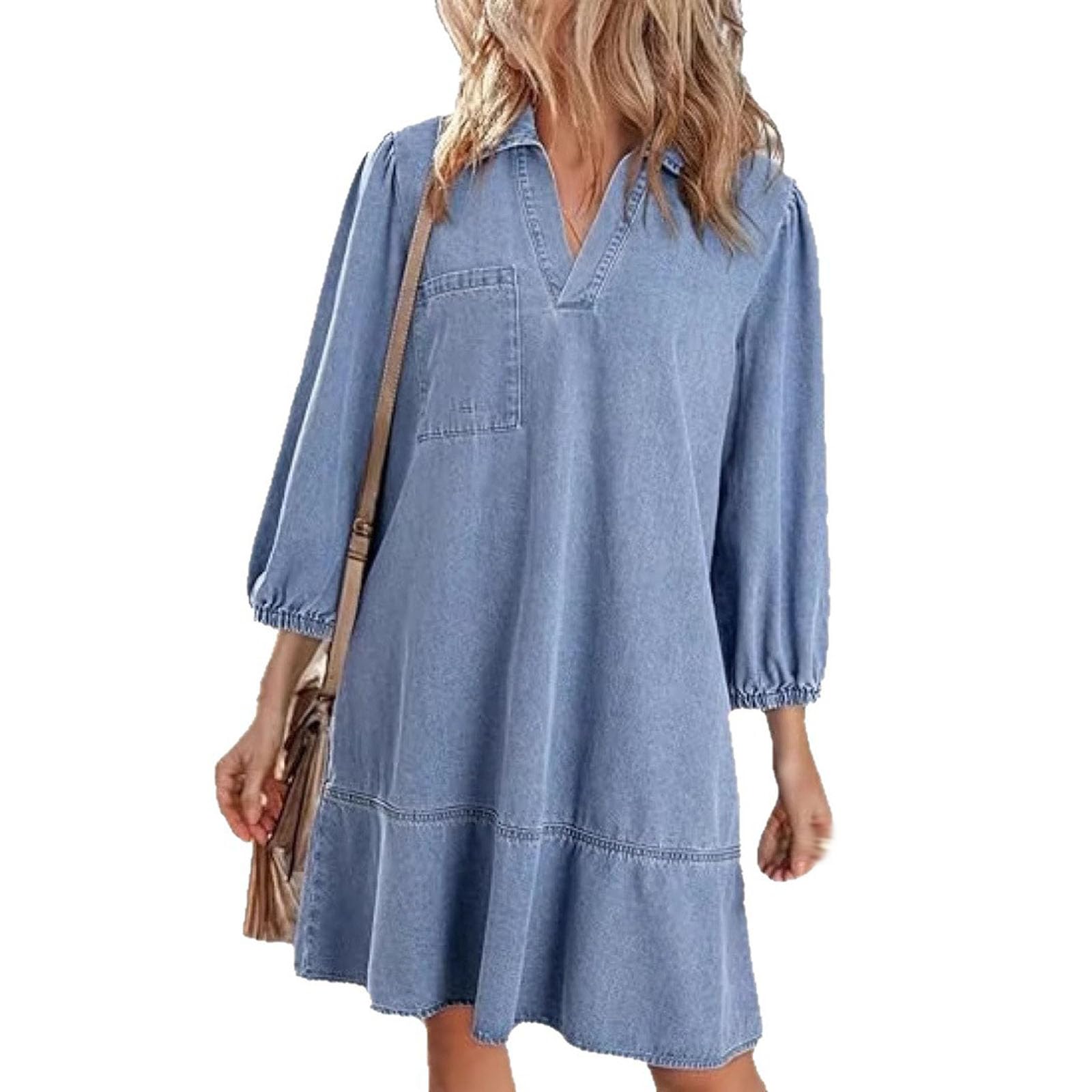 Abito Camicia in Denim da Donna - Scollo a V Manica a Sbuffo Design a Strati con Tasche, Abito Estivo Casual Sciolto con Maniche a 3/4