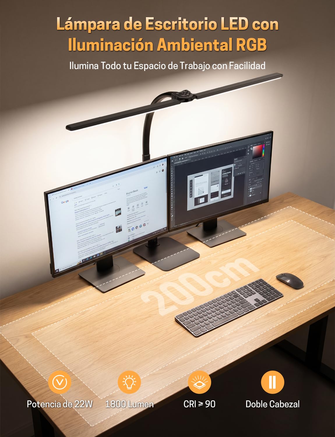 Lámpara de Escritorio LED Regulable 22W 1800LM – Base Mesa de Metal