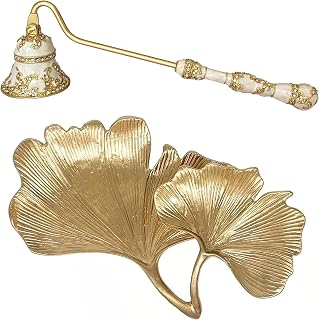 Candle Snuffer and Small Leaf Shaped Trinket Dish - A Unique Extinguisher Tool and Gold Jewelry Organizer Set for Stylish Home Decor Enthusiasts and Candles Lovers Alike