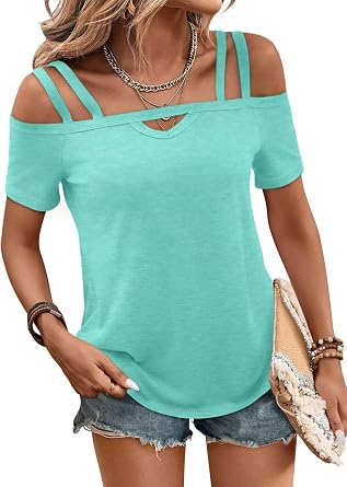Bliwov Womens Cold Shoulder Tops Short Sleeve Cute Sexy Summer Spring Beach Vacation T Shirts Fashion Outfits Basic Clothes