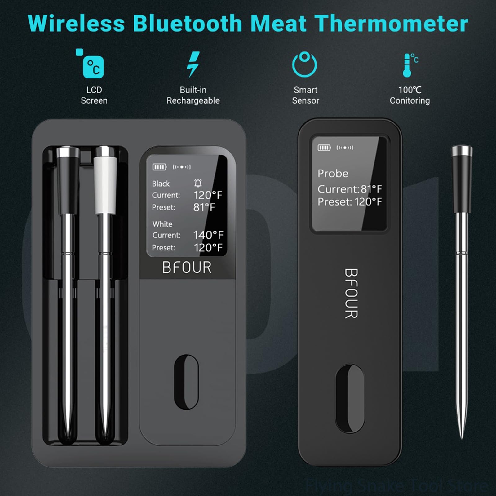 Bezprzewodowy termometr do mięsa, grillowany termometr do mięsa Bluetooth 2 wodoodporne sondy, inteligentny bezprzewodowy termometr do mięsa z wyświetlaczem LCD HD, cyfrowy bezprzewodowy termometr