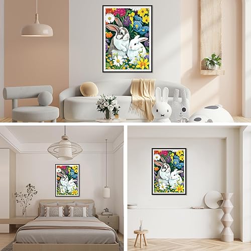 Miniatura 3 de SENQAO Kit de pintura de diamante de conejo, kit de pintura de diamantes de flores 5D, arte de diamantes de taladro completo para adultos y niños,