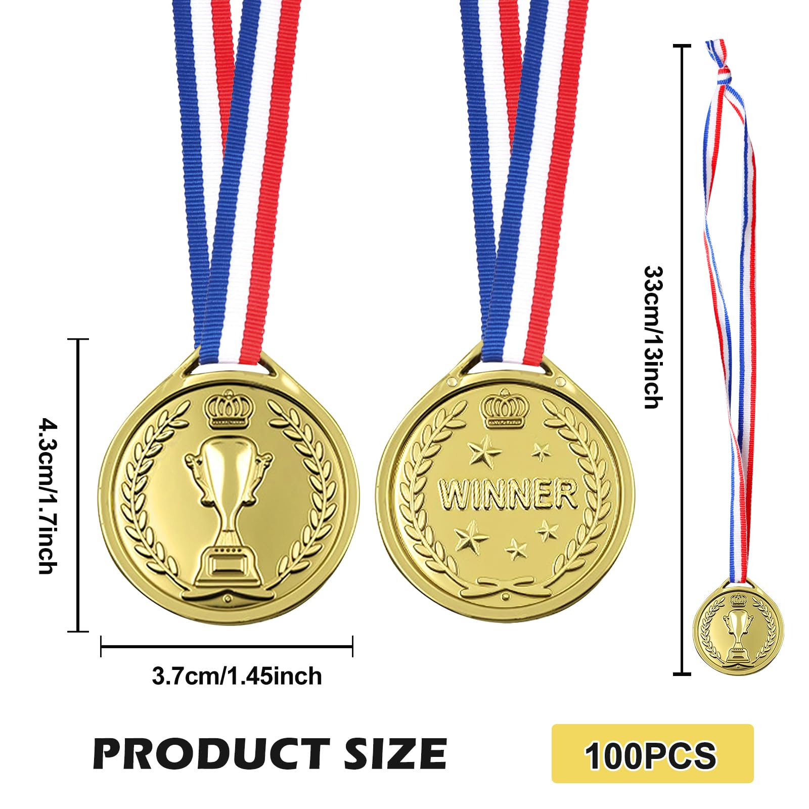 Aicharynic Medallas para niños, 100 unidades, medallas de plástico, medallas de oro con collares, medallas de cumpleaños infantiles para la escuela/día deportivo, cumpleaños infantil, fiestas, juegos