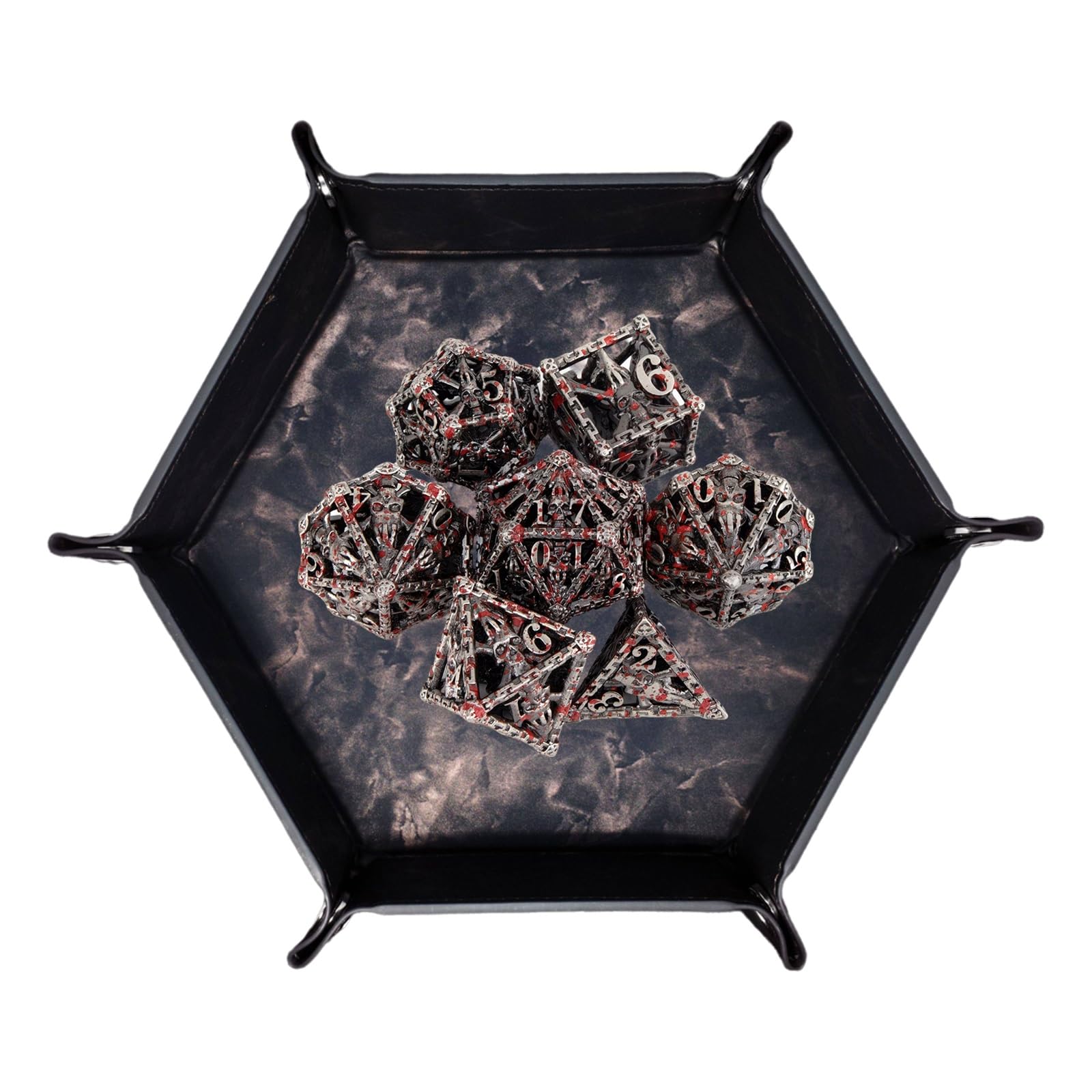 Lot de 7 Dés en Métal Argentés et Rouges en Forme de Crâne, Polyèdres Creux, Compatibles avec Les Jeux de Rôle de Plateau et de Cartes
