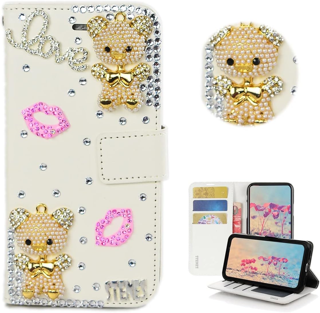 STENES Bling Wallet Phone Case Compatible with Samsung Galaxy S22 Case - Stylish - 3D Handmade Cute Pearl Beer Sexy Lips Magnetic Wallet Stand Leather Cover Case - Pink