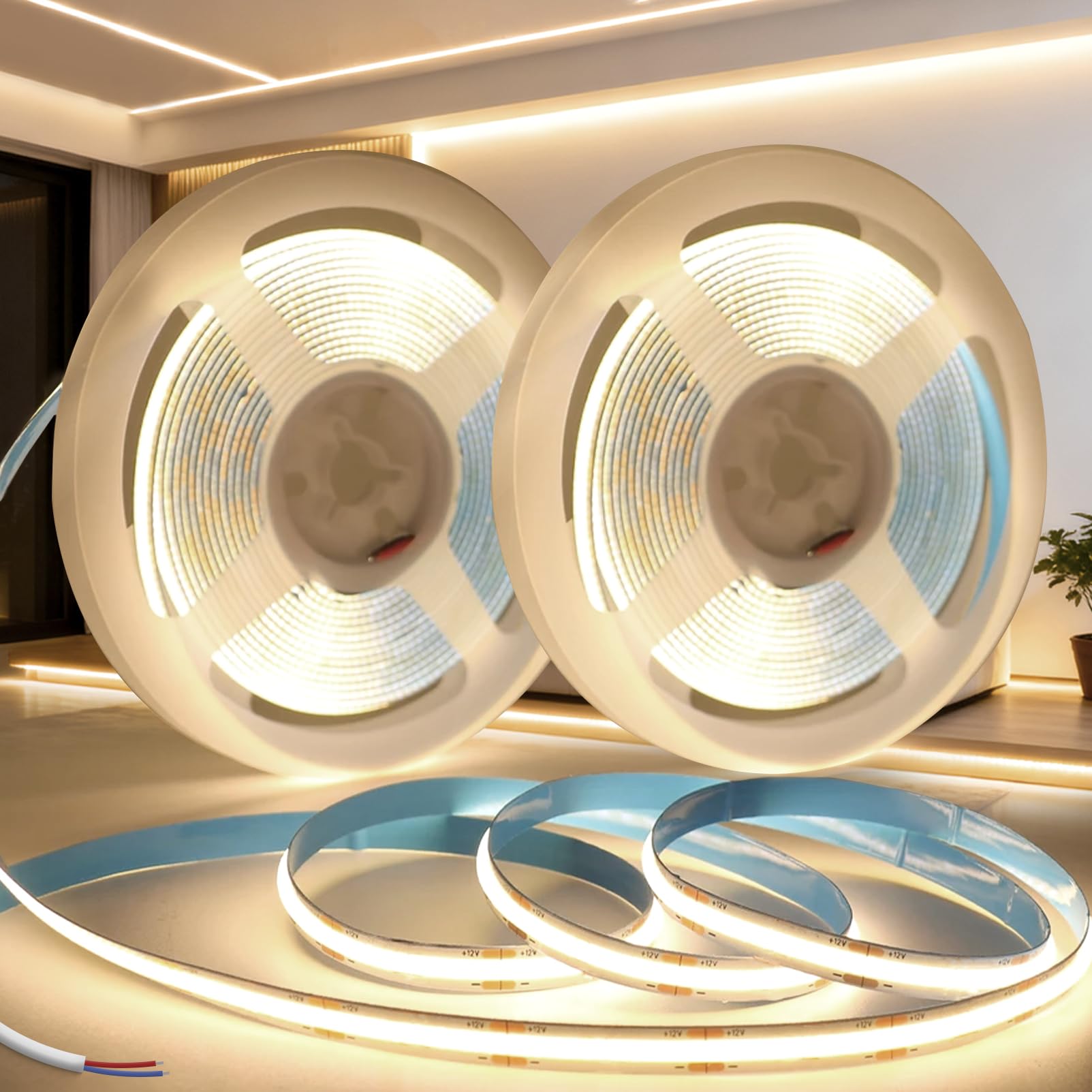 SUCIKORIO COB LED Strip Light Without Plug 12V 2x5m Natural White 4000K LED Strip Lights for Bedroom Adhesive TV Led Lights Backlight Flexible Cuttable COB Led Light Strips 8mm 320LEDs/m Super Bright