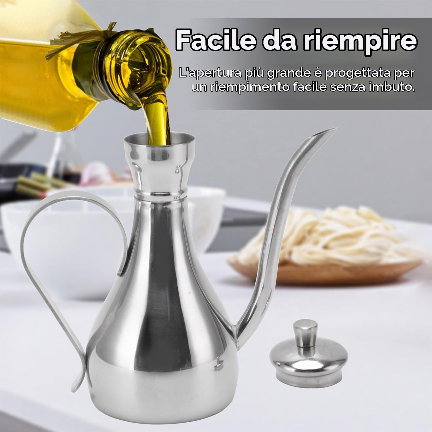 Bottiglia Olio Acciaio Inossidabile, Oliera Antigoccia con Manico Ergonomico 350ml Capacità Ampia Apertura per Condimenti Cucina Domestica Dispenser Salsa Soia Aceto Balsamico