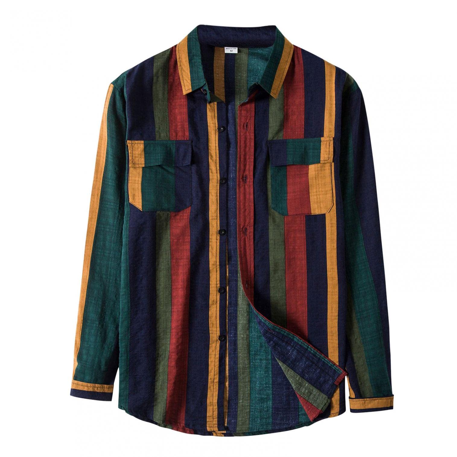 Cenlang Camisas vintage a rayas para hombre, con botones, cuello grande y alto, camisa de manga larga, ajuste regular, blusas casuales