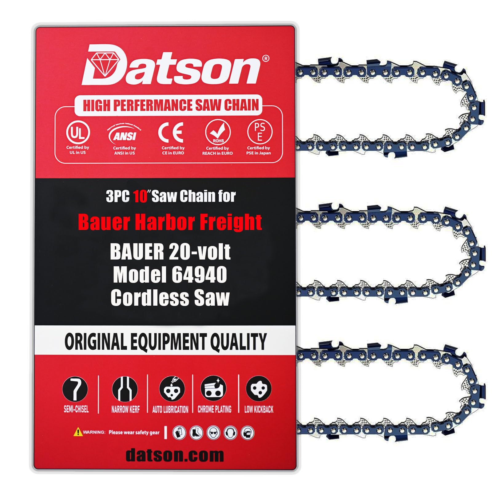 3 cadenas de sierra de repuesto de 10 pulgadas para motosierra inalámbrica BAUER 64940 de 20 V, 3/8 pulgadas, 043 pulgadas, 40 eslabones de transmisión