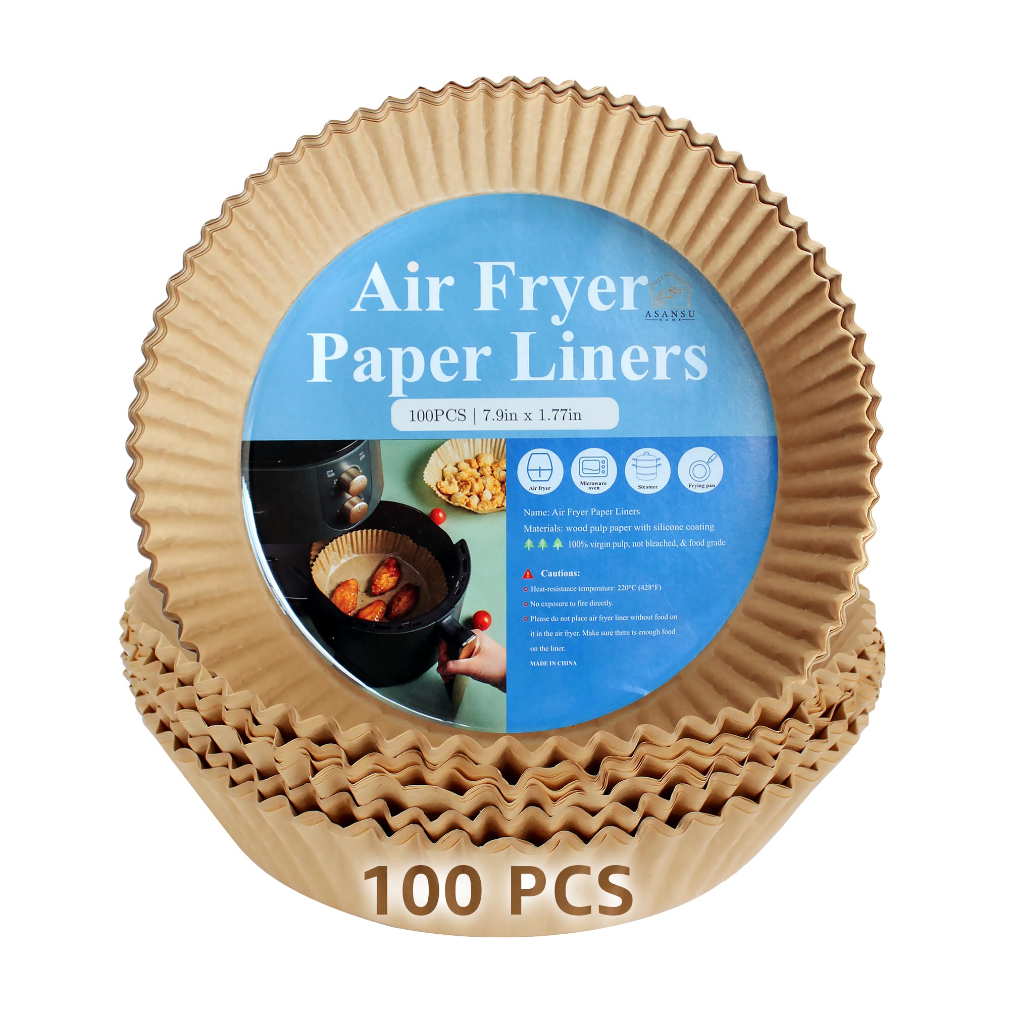 ASANSU HOME Air Fryer Liners 20cm (100 Pack), Round Non-Stick Unbleached Parchment Paper Inserts for Air Fryer Basket, Grease & Moisture Resistant, Disposable for Baking & Roasting.
