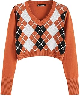 ZAFUL Women Crop Sweaters, V Neck Argyle Jumper Pullover Long Sleeve Knitted Preppy Style Knitwear Tops