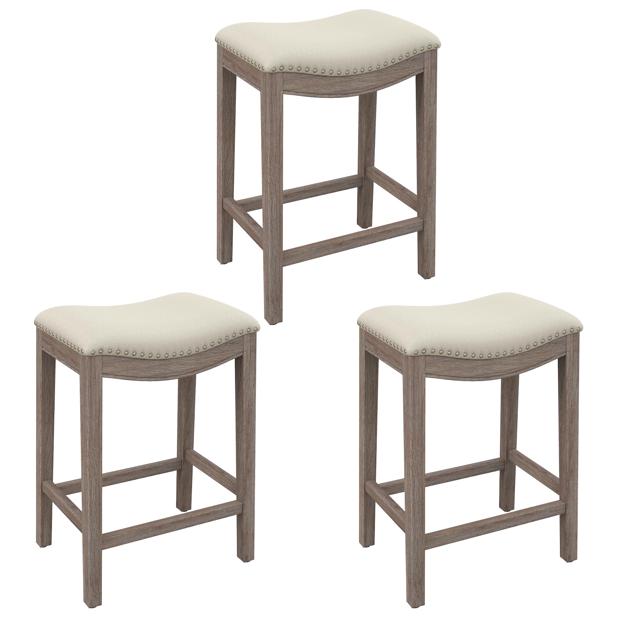 GOOLON Bar Stools Set of 3, Counter Height Stools Saddle Seat, 27” Vintage Linen Fabric Chairs with Wood Legs and Nailhead Upholstered Seat for