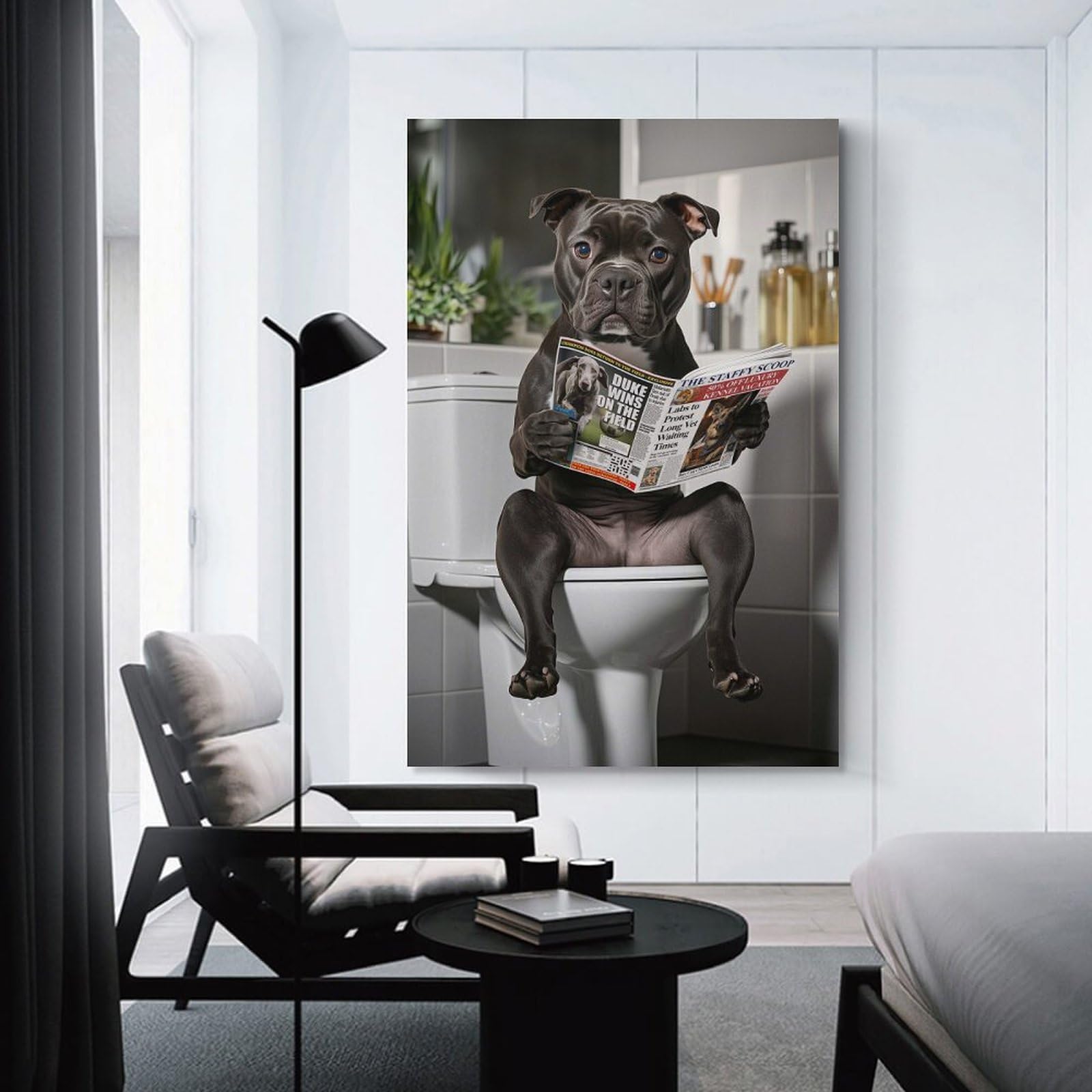 Junmoney Unframe-Style-22 Staffy Dog Reading Newspaper On Toilet Hanging Wall Art, 24X36inch(60X90cm), For Entrance Walls, Hall Decor Or Foyers, Wall Decor To Refresh Empty Corners