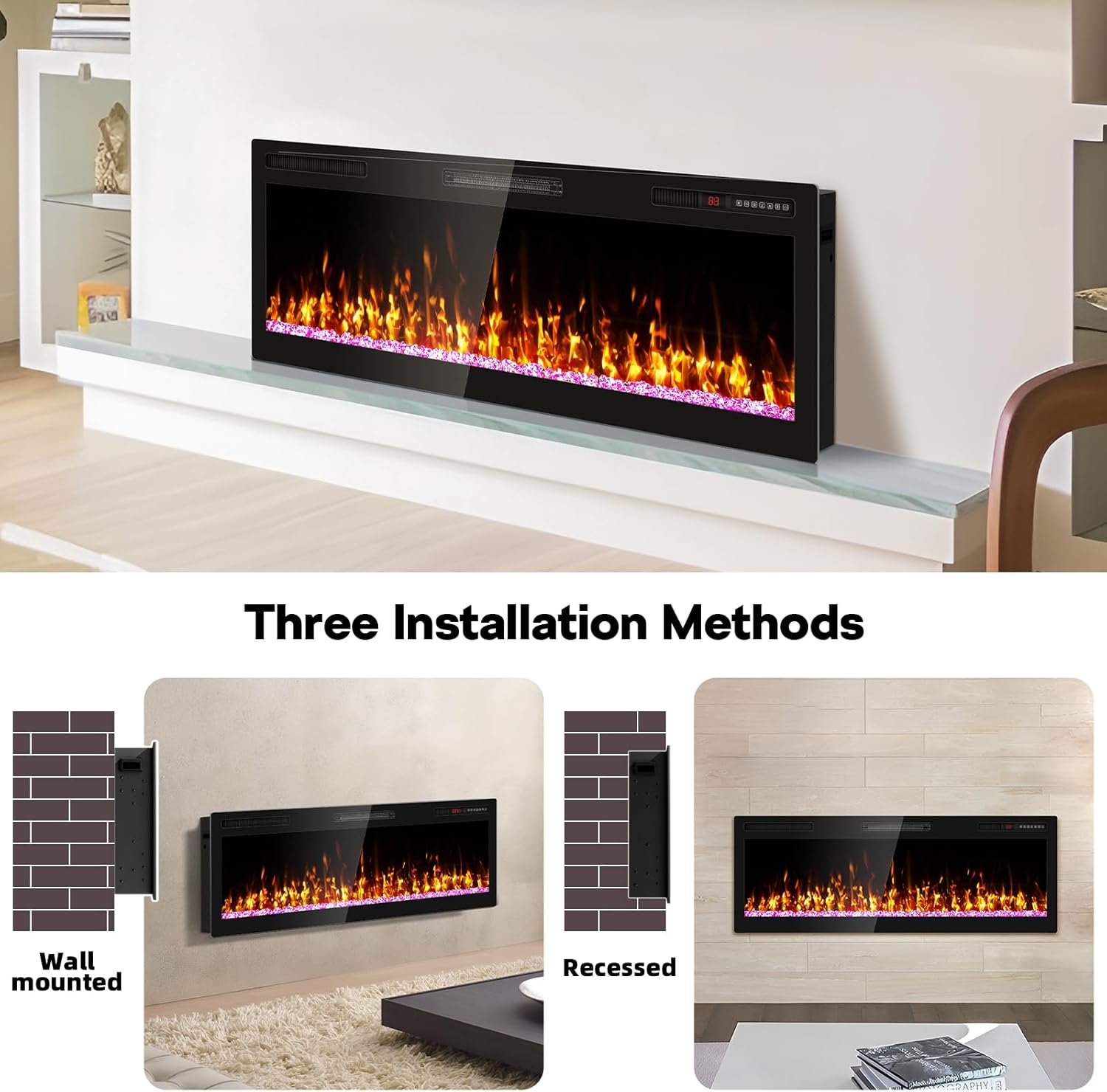 50" Electric Fireplace Recessed Wall Mounted Wide Screen Ultra Narrow Bezel Frame HD Flame Effect Logs Fuel Bed Modern Fire Places with Remote Control 750/1500W
