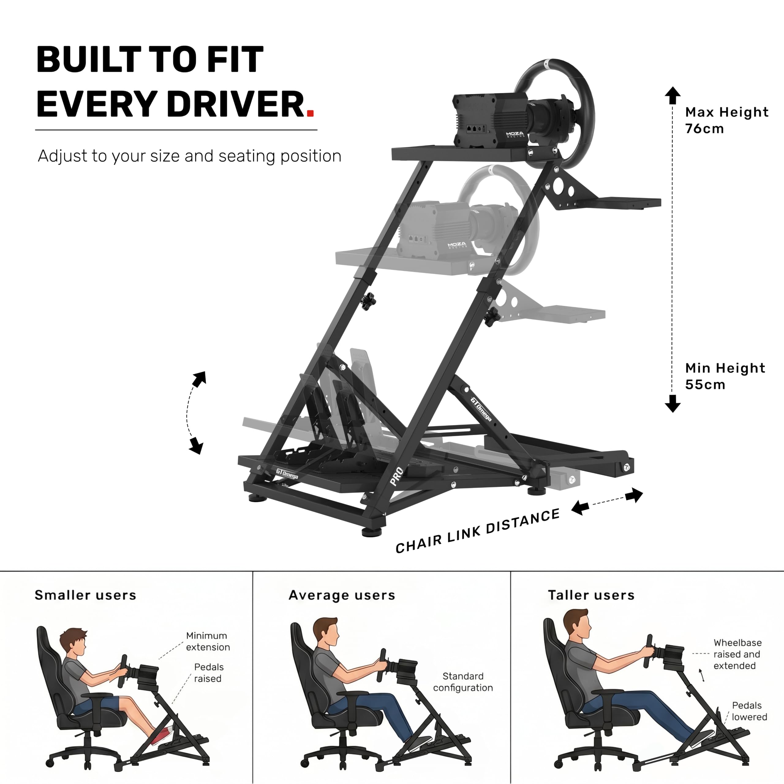 GT Omega PRO Wheel Stand – Robuster Y-Rahmen mit verstärktem Pedalplatte, inkl. Schalthebel-Halterung & Chair Link, leicht faltbar und platzsparend