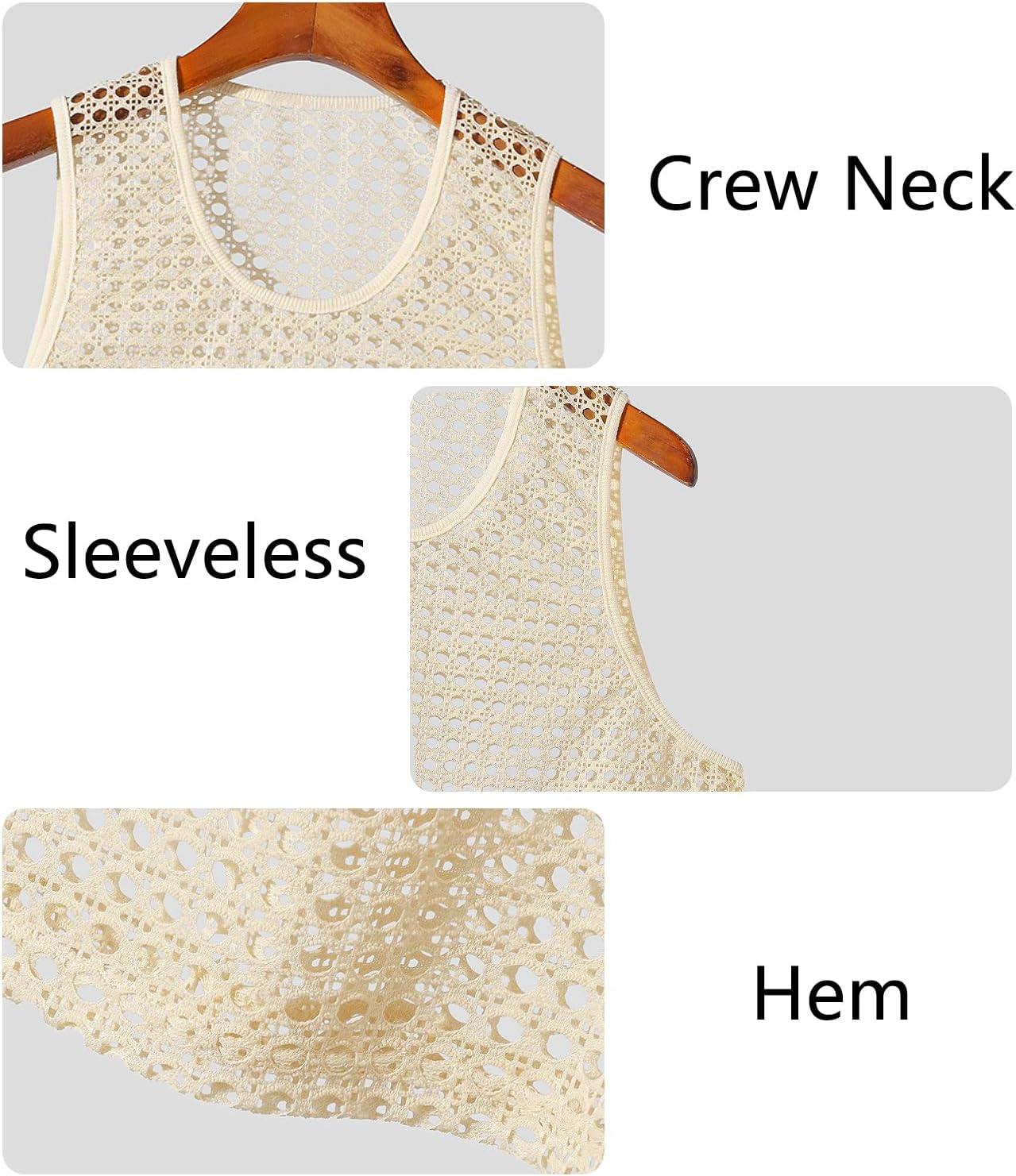 MIZOK Mens Knitted Crochet Tank Top Summer Hollow Sleeveless Tops Scoop Neck Loose Shirts - Image 3