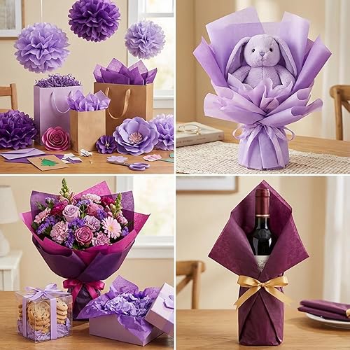 Miniatura 6 de Qilery 500 hojas de papel de seda morado lavanda a granel para bolsas de regalo, envoltura de flores, 15 x 20 pulgadas, embalaje sin ácidos, hojas