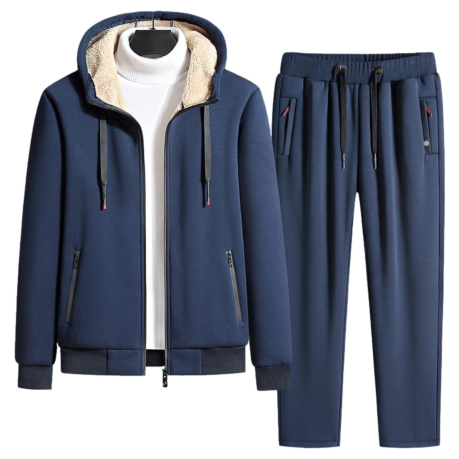 Uomo Inverno Tuta da Ginnastica in Cotone Foderata in Pile Giacca con Cappuccio e Pantaloni Sportivi con Tasche con Zip
