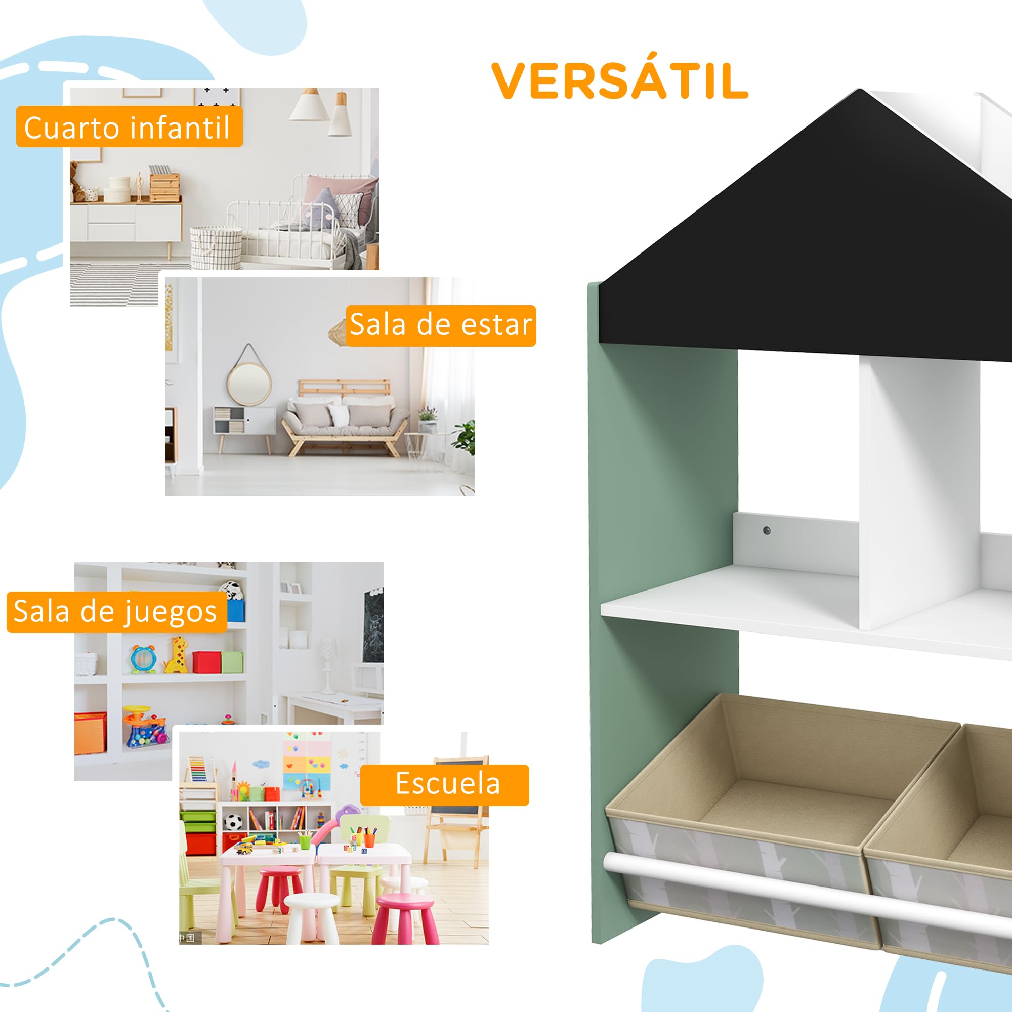 ZONEKIZ Estantería para Juguetes Organizador Infantil con Pizarra Pintable Estantes Abiertos y 2 Cajas de Tela no Tejida Extraíbles para Sala de Juegos Habitación Guardería 62,4x26,5x90 cm Verde
