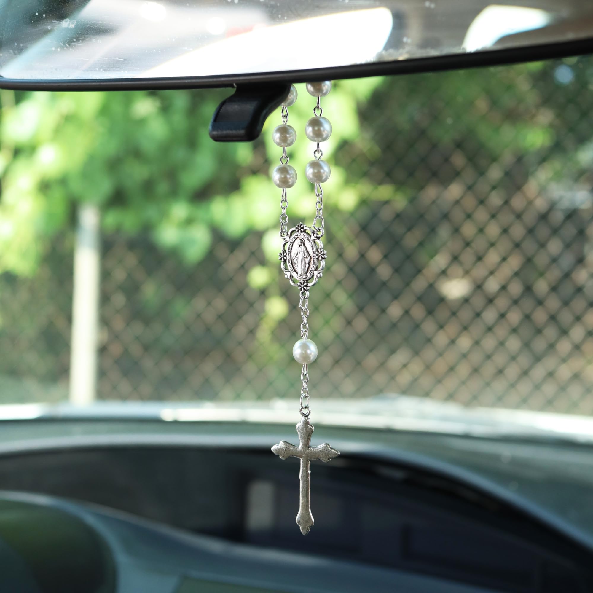 Needzo Catholic Auto Accessories, Pink Car Rosary for Rearview Mirror and Guardian Angel Visor Clip, Religious Gifts for New Drivers