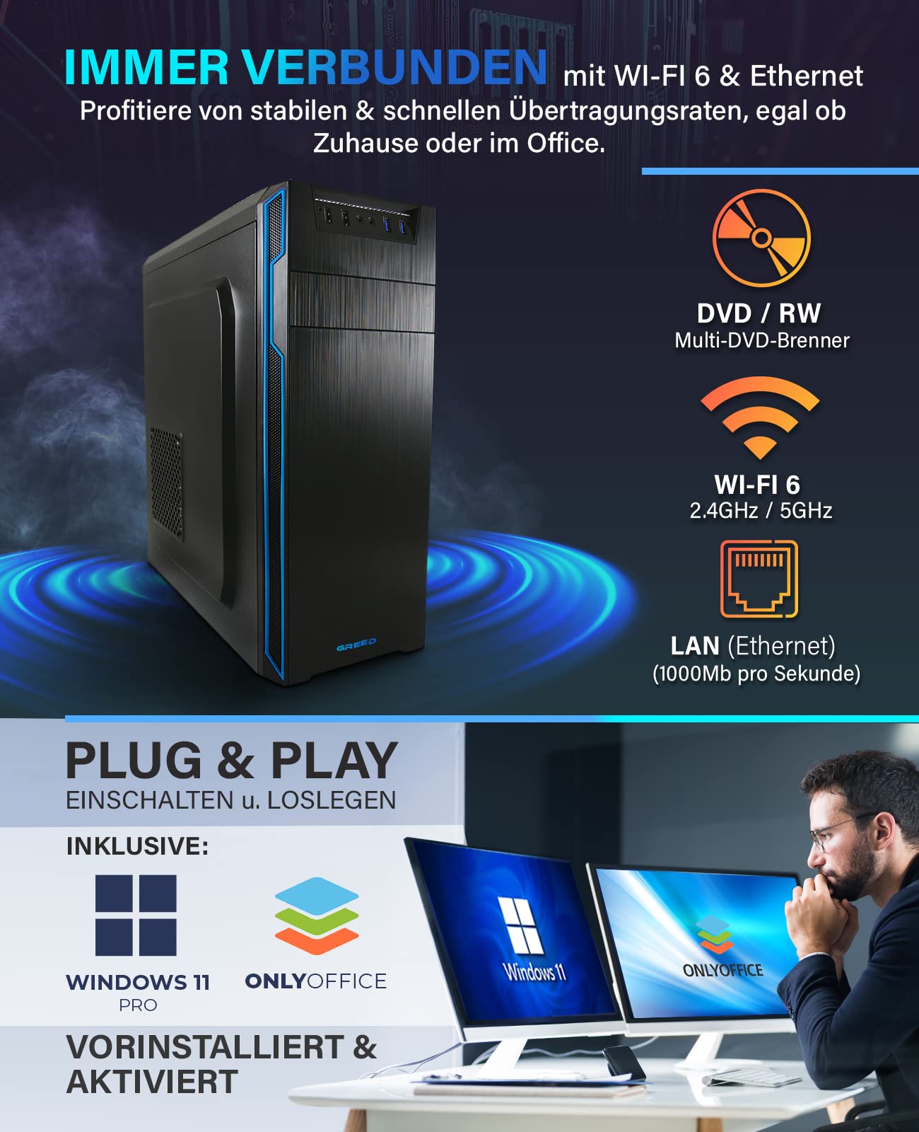 Greed® Multimedia V2 PC mit Intel Core i7 10700F - Schneller Rechner + Computer für Büro & Home Office mit 4,8 GHZ, 16GB RAM/Arbeitsspeicher - 512GB SSD - DVD+RW - USB3.1 - WLAN, inkl. Windows 11 Pro