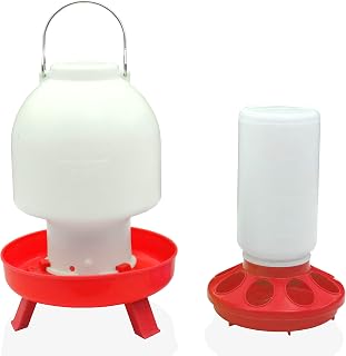 Baby Chicken Feeder and Waterer Set - 9” Red Round 1 Liter Food Container with 11” Plastic 2.5 Liter No Waste Drink Tube - Heavy-Duty Chick Coop Accessory for Small Birds, Ducks, Poultry