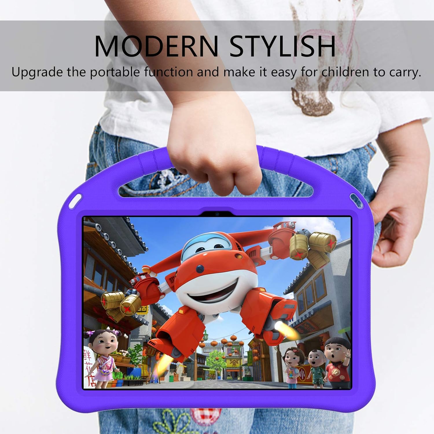 Child holding the ZORSOME Tablet Case with its integrated handle, demonstrating ease of carrying.