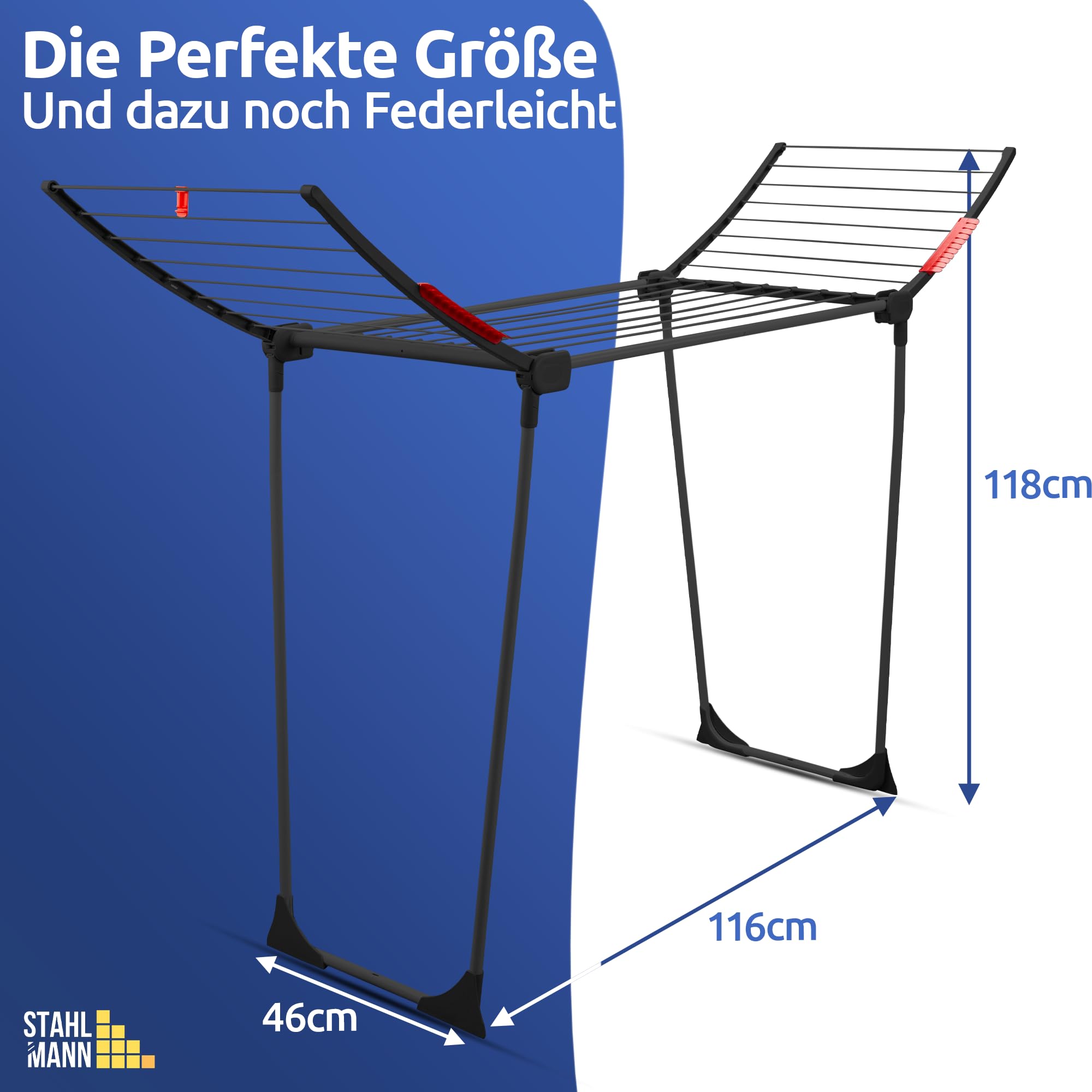 STAHLMANN ® Wäscheständer Schwarz [18M Trockenfläche ] - Flügelwäscheständer [Made IN EU] 1,05 M Flügel ideal für Lange Kleidungsstücke - Wäscheständer platzsparend