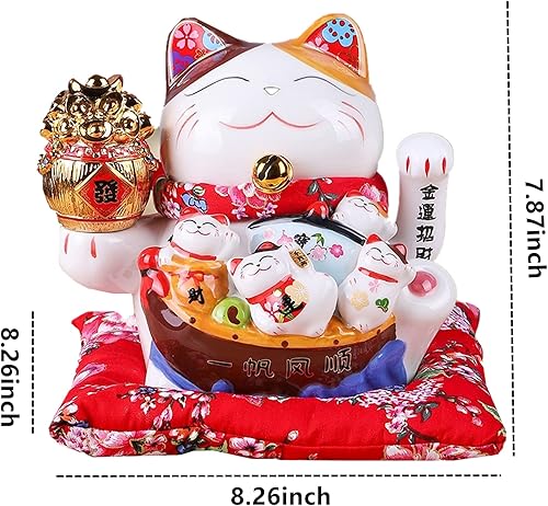 Miniatura 3 de Gato afortunado de cerámica blanca Maneki Neko de 7 pulgadas, porcelana decorada ornamentada para apertura de negocios