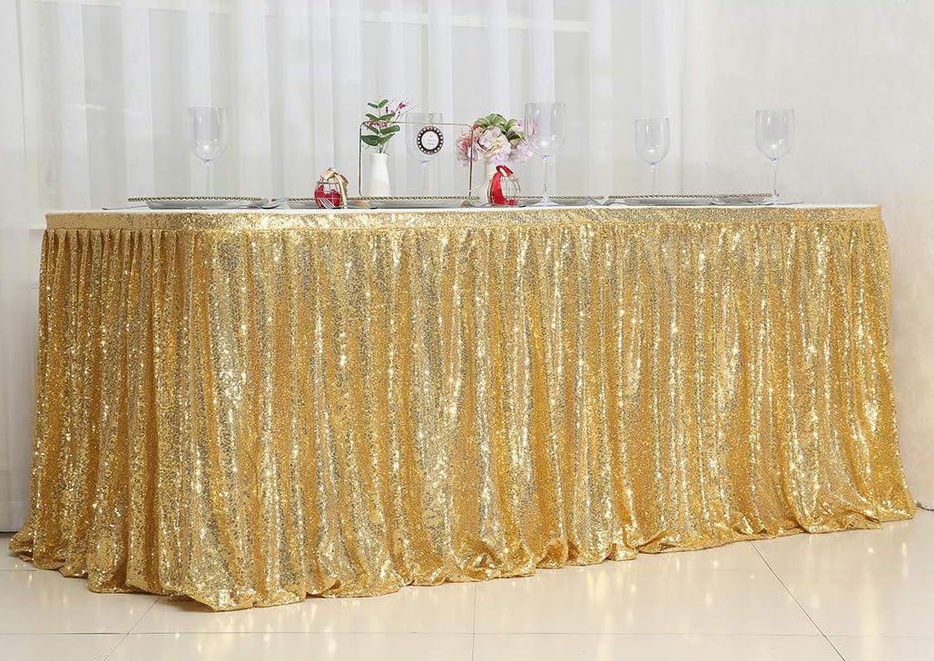 Juya Delight Cekinowa spódnica na stół prostokątny okrągły obrus na przyjęcie ślub baby shower dekoracja (jasne złoto, L 9 m (wys.) 76 cm)