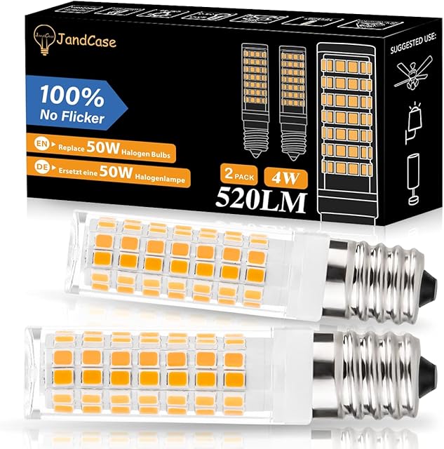 JandCase E14 Cooker Hood Bulbs, E14 LED Light Bulb 4W, 50W Halogen Equivalent, Warm White 3000K, 520LM, AC 220-230V, No Flicker, Non-Dimmable, Small Edison Screw Bulb for Fridge, Cooker Hood, 2 Pack